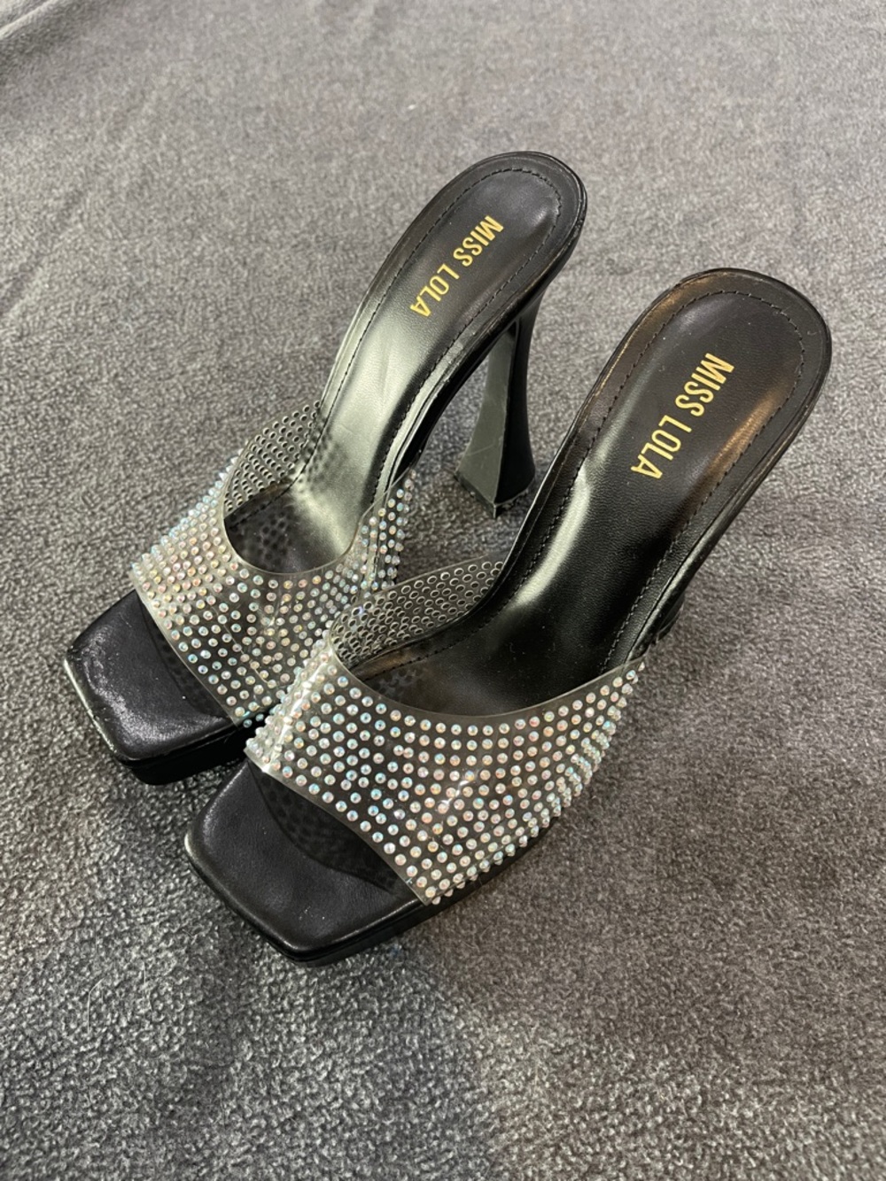 Miss Lola Black Rhinestone Slide Sandals